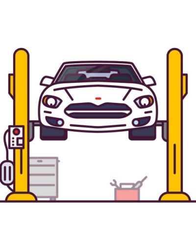 Car repair garage. Front view of white luxury sedan car on car lift. Line style vector illustration. Vehicle and transport repair banner. Mechanic shop and car diagnostic.