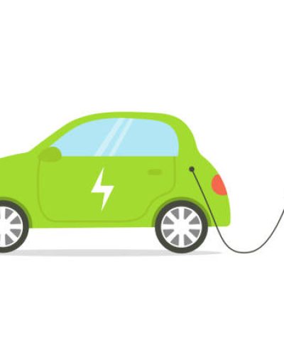 Electric car flat illustration. Solar drive on charging station. Vector illustration isolated on white background.